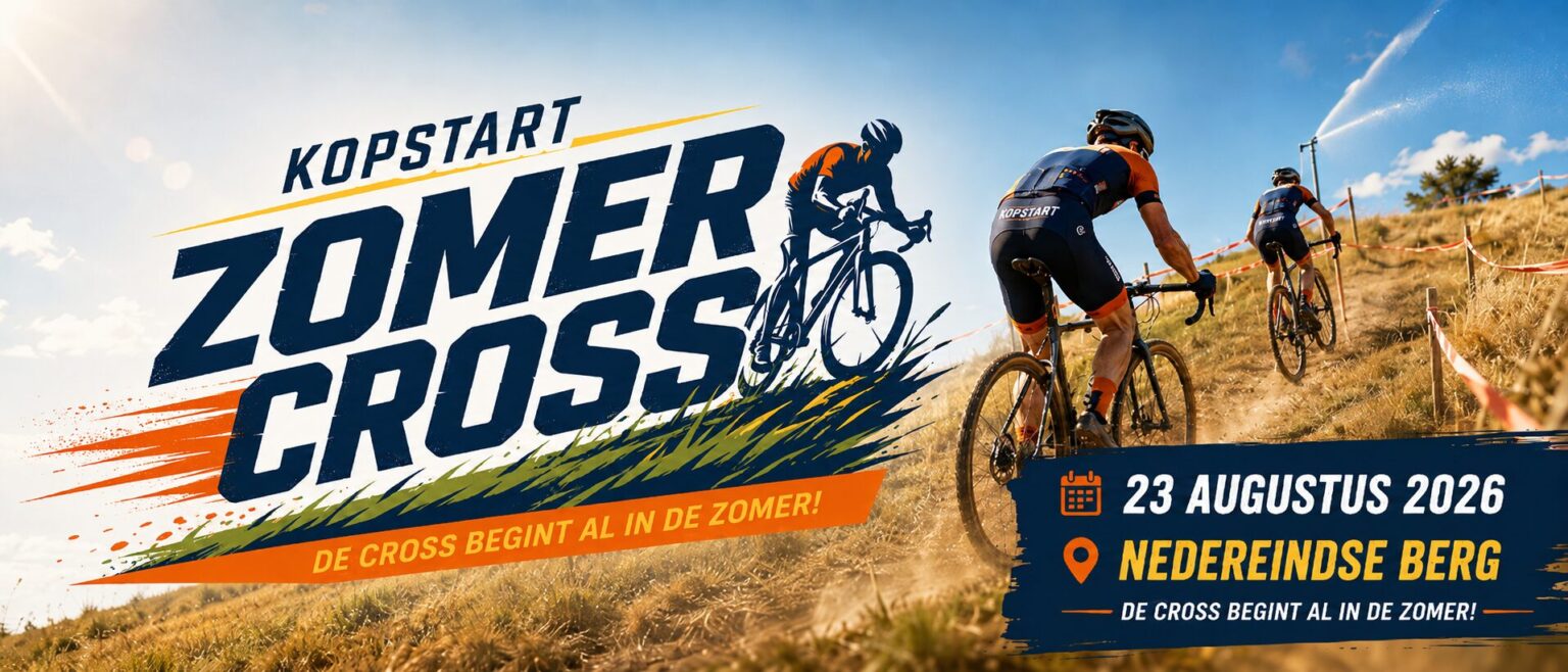 Banner van de KOPSTART Zomer Cross op de Nedereindse Berg op zondag 23 augustus 2026